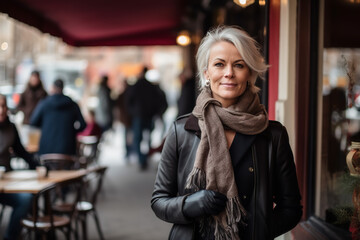 Fototapeta premium Medium shot portrait photography of a woman in her 50s in a random scene