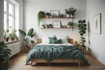 Many green potted houseplants in scandinavian interior design of modern bedroom with wooden shelf 