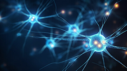 Naklejka na ściany i meble Neuron cells transmitting a signal on dark background