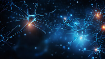 Naklejka na ściany i meble Neuron cells transmitting a signal on dark background
