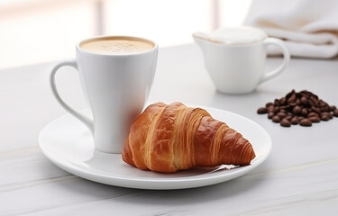 One glass cup of black coffee and croissant on white plate on white wooden table over light kitchen background