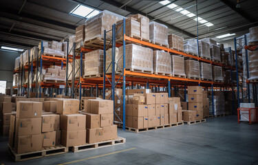 Retail warehouse full of shelves with goods in cartons, with pallets and forklifts