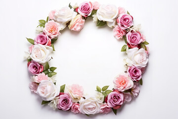 Round frame decorated with white and pink roses and camellia and leaves on white background
