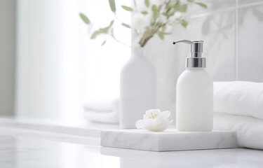 Fototapeta na wymiar Soap and shampoo on white marble sink on white bathroom background