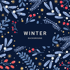 Winter background with Christmas tree branches, floral element, berries, holly, snowflakes. Hand drawn floral elements. Vector illustration for poster, wallpaper, banner, greeting card.