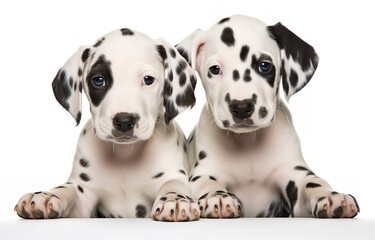 Two Dalmatian puppies on white background