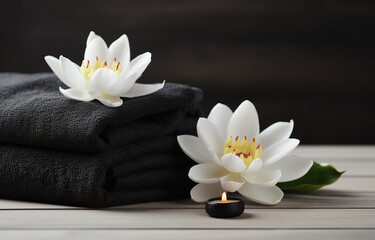 Fototapeta na wymiar Water lilly on white towels, black spa stones, on light wooden background