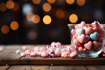Valentines day themed background with empty pastel color wooden table for product display, bokeh...