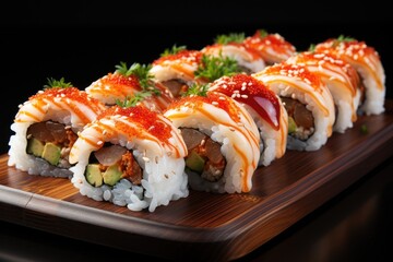 Salmon nigiri sushi on the black background. Generative AI