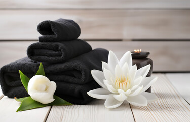 Fototapeta na wymiar Water lilly on white towels, black spa stones, on light wooden background