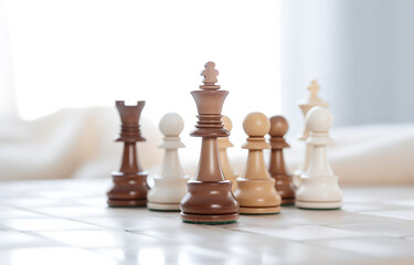 White and brown chess on white and beige chess board on white wooden table soft light