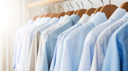 White and blue men's shirts on wooden hangers hanging in a row on white closet blurred background - obrazy, fototapety, plakaty