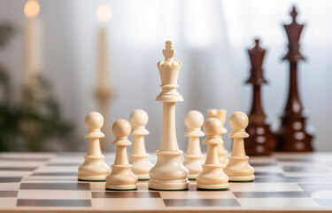 White and brown chess on white and beige chess board on white wooden table soft light