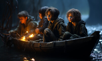 Fototapeta na wymiar homeless children and teenagers sitting in a boat