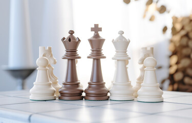 White and brown chess on white and beige chess board on white wooden table soft light