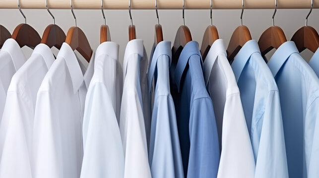 White and blue men's shirts on wooden hangers hanging in a row on white closet blurred background