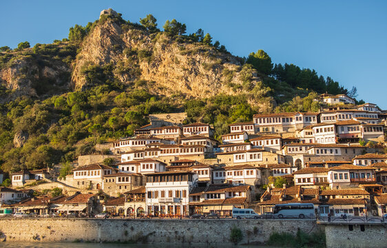 View at old city of Berat Albania. The old houses of Berat in Albania, unesco world heritage. Historic city of Albania