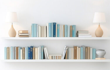 White, beige, blue books on white shelves on white design room soth light - obrazy, fototapety, plakaty