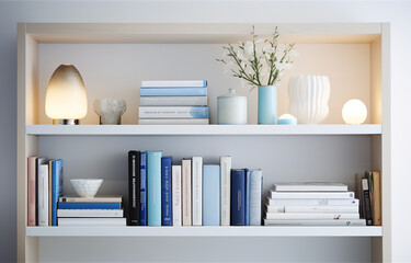 White, beige, blue books on white shelves on white design room soth light - Powered by Adobe