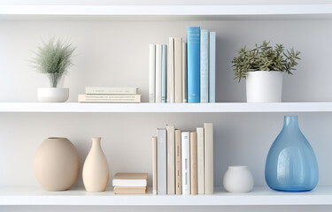 White, beige, blue books on white shelves on white design room soth light