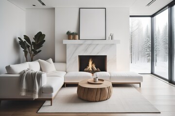 White sofa with blanket and wooden coffee table against fireplace with firewood stack. Minimalist scandinavian home interior design of modern living room 
