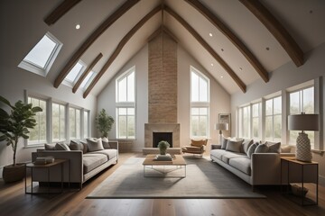 Vaulted cathedral ceiling in house. Interior design of modern living room 