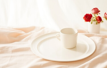 Fototapeta na wymiar White plate and cup on beige napkin on white wooden table soft light