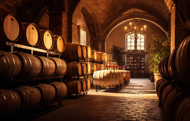 Wine cellar interior with large barrels soft light