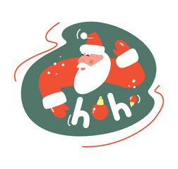 Design element for Christmas decor. Greeting Santa Claus. Handwritten text Ho-Ho. Vector illustration in flat graphic style. Cheerful Santa waves his hand in a mitten in a friendly manner.