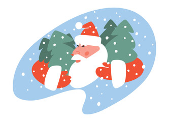 Design element for Christmas decor. Santa Claus with Christmas trees. Snowy winter. Vector illustration in flat graphic style. Happy holidays. Santa brings the mood