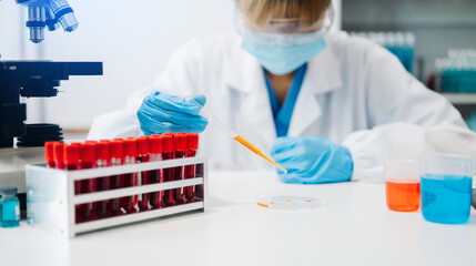 female scientist working with micro pipettes analyzing biochemical samples, advanced science laboratory