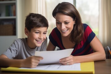 Mom helps her son do homework sitting at table writing in notebook right answer. Boy asks mother to help with homework at table with laptop. Mom in cozy modern apartment helps daughter with lessons