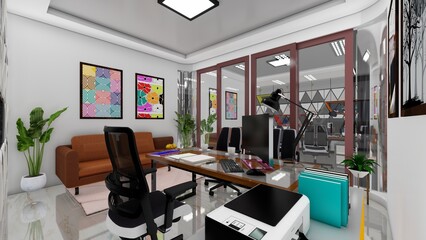 luxury corporate corner office interior design. 3d rendering