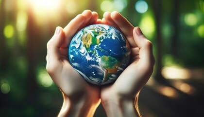 Hands holding a delicate Earth against a blurred backdrop of lush greenery, symbolizing a commitment to environmental protection and the nurturing of our planet.
