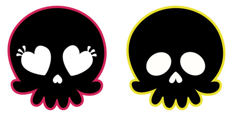 A skull of a girl and a boy. Isolated graphic resource of two black colors.