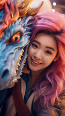 Selfie of Chinese woman girl with a dragon at a festival. Symbol 2024. Psychology of relationships.