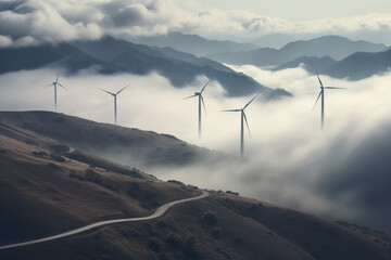 landscape with windmills in the mountains - obrazy, fototapety, plakaty