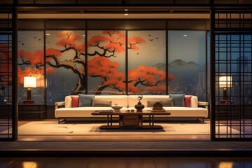 Japanese style room decoration architecture, a beautiful living room
