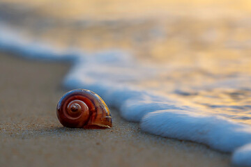 A shell on the shore of the Andaman Sea. Beautiful sunset on a paradise beach.