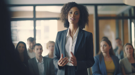 Black afro American businesswoman confidently leading a corporate meeting presenting innovative ideas and strategies for the upcoming quarter