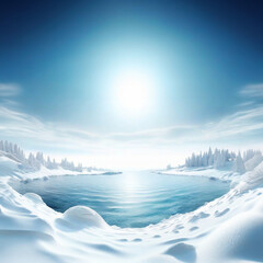 Panoramic nature podium view of water, sky and dazzling sun surrounded by snow-covered land, nature podium (for wallpaper, product mockup)