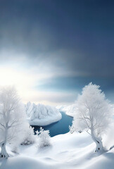 a surreal landscape (wallpaper) with blue skies, flowing rivers, snow-covered white mountains and trees, and seems to be connected to another world.