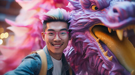 Selfie of Chinese young man with pink dragon at festival. Symbol 2024. Psychology of relationships.