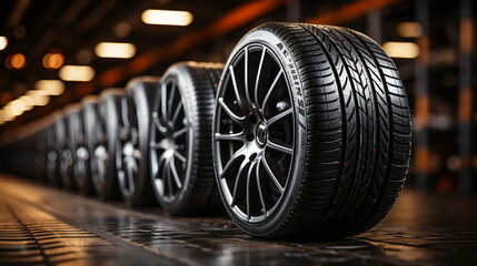 Row of car tires in industrial environment