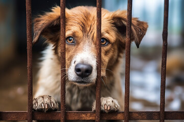 Stray homeless dog in animal shelter cage with a sad abandoned hungry dog behind old rusty grid of the cage in shelter for homeless animals - obrazy, fototapety, plakaty