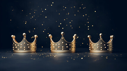Three golden crowns background with copy space for the Three Kings day or Epiphany day holiday celebration with gold and blue colors