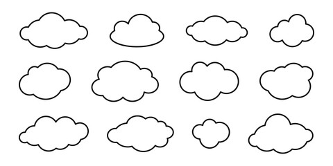 Vector set of doodle outline clouds. Simple cloud collection in black contour. - obrazy, fototapety, plakaty