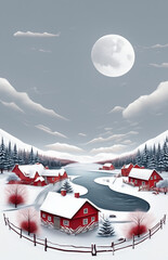 A calm snowy mountain village landscape illust with a gray night sky with moon and clouds, red houses, fences, and river.