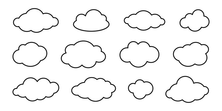 Vector set of doodle outline clouds. Simple cloud collection in black contour.