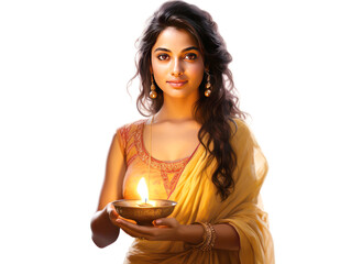 Indian woman holding oil lamp in hand on white background